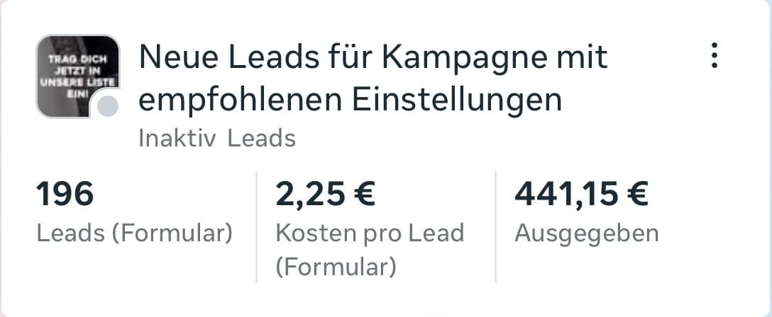 Meta Ads Manager: 196 Leads über das Kontaktformular, 2,25 € Kosten pro Lead, 441,15 € ausgegeben